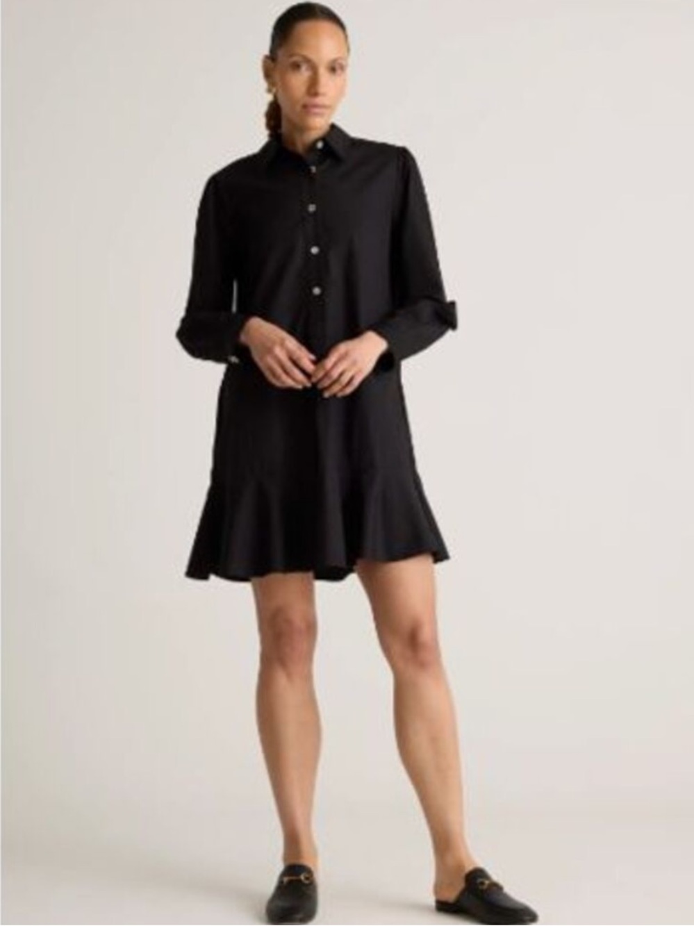 NWOT Quince Organic Cotton Poplin Drop Waist Shirt Dress in Black - Large